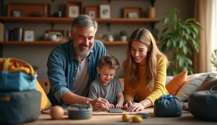 family reunited, father and mother are happily organizing survival equipment in the living room and the son is helping.