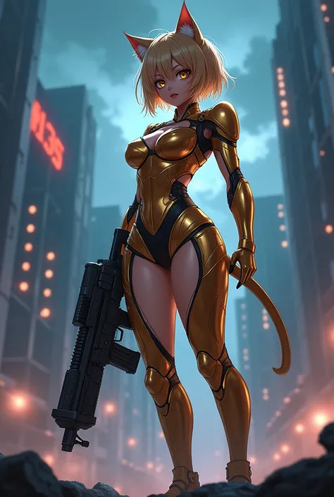 Please draw a cat girl soldier in anime style with a tall figure, large breasts, and a mini skirt like a model.。Holding a machine gun。Please draw the background as a night battlefield from another world.。He is wearing a gold futuristic combat uniform.。