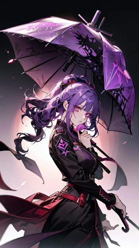 Purple haired girl with black belt holding umbrella, Gwaiz, Bloodstained, Albedo from the anime Overlord, Ayaka Genshin Impact, artwork in the style of Gwaiz, From Arknights, Female Anime Characters, Gap Moe Yandere Grimdark, Detailed Anime Character Art, ...