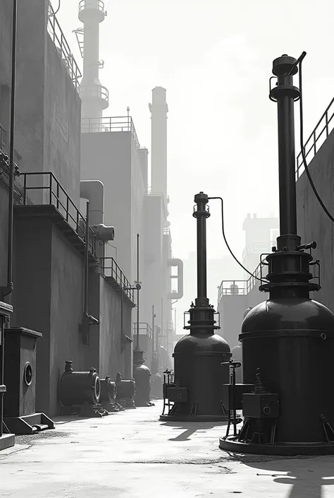 Create me a black and white image of industrial motors, that is a little simple 