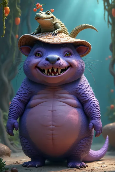 Capybara with purple scales and gills wearing a hat and a crocodile on top and smiling
