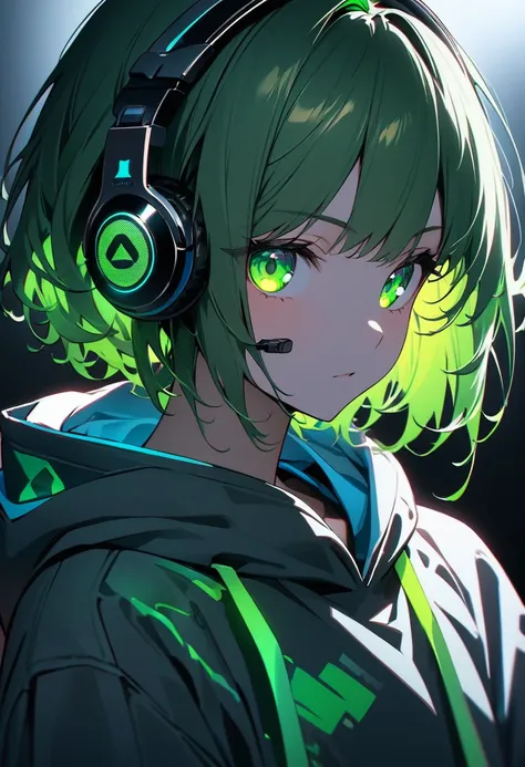 (masterpiece:1.2, Highest quality)、alone、Green Hair、length、Green Eyes、nice、Very detailed,neutral、neutralな顔立ち、1 person, 20th Generation、alone, hoodie, Facial Contour, headphone, RGB lighting 