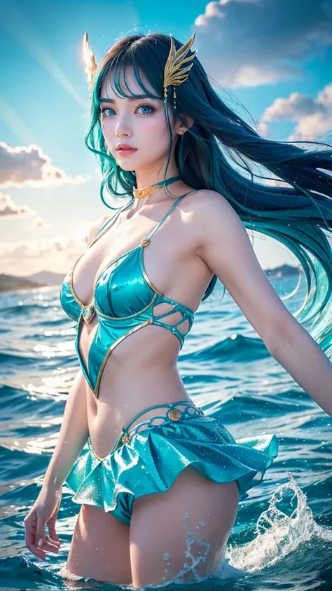 き）Create an ultra-realistic 8K resolution image of a character inspired by "Poseidon," transformed into the "Ultimate Magical Girl" while retaining Poseidons key features. She appears as a beautiful Japanese girl, with long, flowing aqua-blue hair that mim...