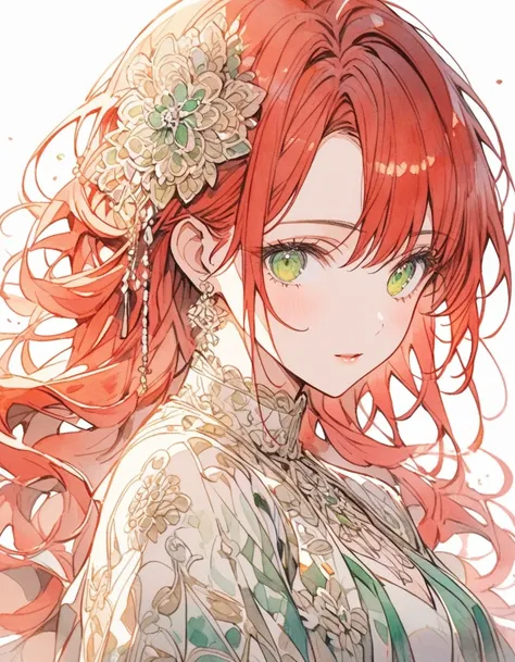 A woman with red hair and light green eyes, wearing elegant party clothes, Scattered outlines and white background, intricate details, low key, Watercolor, 