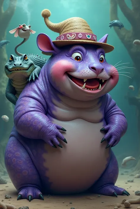 Capybara with purple scales and gills wearing a hat and a crocodile on top and smiling
