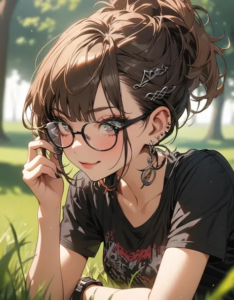 Punk girl wearing glasses and black shirt, Blurry green grass and trees background, short brown hair, detailed face, high quality, high resolution