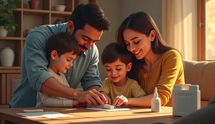 Family gathered in the living room, everyone is happy, father teaching mother and son how to bandage an arm, first aid equipment is present.