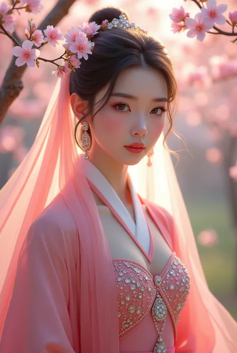 A beautiful women princess in a pink Headscarf  What covers her chest is a beautiful princess like an angel. wearing a beautiful Korean hanbok pink The one filled with beautiful diamonds looks very elegant is in a garden full of cherry blossoms smiling hap...