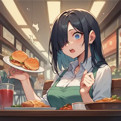 a girl in her early 30s, she has one eye covered by her long black hair. she looks surprised to see you at a restaurant. she has blue eyes.