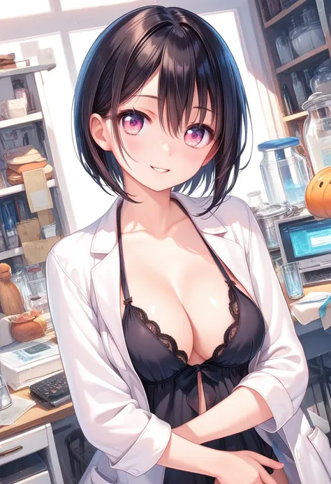 best quality,insanely detailed,8k,detailed background,detailed eyes,detailed face,lab,1 girl,scrawny,wear white lab coat,large breasts,(shortcut),deep black hair,cleavage,(cowboy shot),black long negligee,heels,pink eyes,hairs between eyes,focus on face,bi...