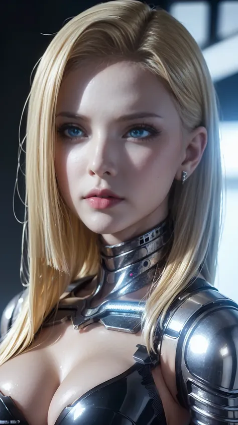 (female android,photorealistic cyborg girl,beautiful detailed eyes,beautiful detailed lips,extremely detailed face and eyes,longeyelashes,intricate mechanical details,shiny metallic skin,complex circuitry,hyper realistic,8k,cinematic lighting,chiaroscuro,d...