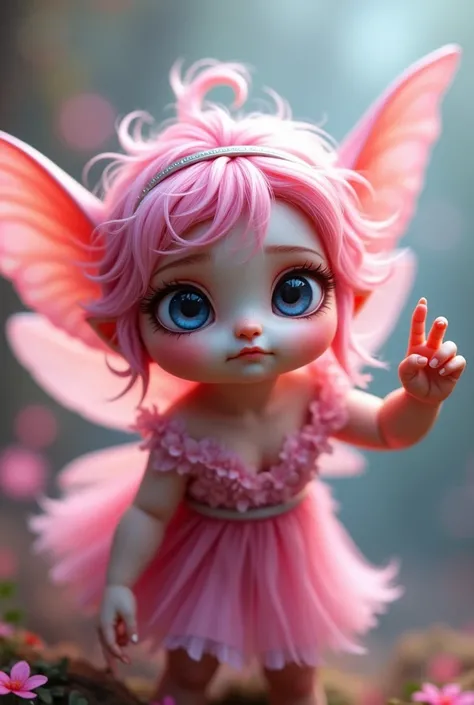 A fierce-looking small fairy. The fairy is in pink and has wings. The fairy looks so cute like a baby. The fairy shows three fingers.