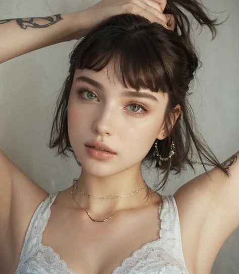 Theres a woman with a tattoo on her arm and a necklace around her neck, Retrato de Sophie Mudd, whitefranja, white franja, Anna Nikonova aka Newmilky, frank lily, retrato de alta qualidade, hair whitefranja hair, franja, with short hair with franja, non-bi...