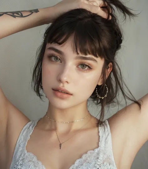 Theres a woman with a tattoo on her arm and a necklace around her neck, Retrato de Sophie Mudd, whitefranja, white franja, Anna Nikonova aka Newmilky, frank lily, retrato de alta qualidade, hair whitefranja hair, franja, with short hair with franja, non-bi...