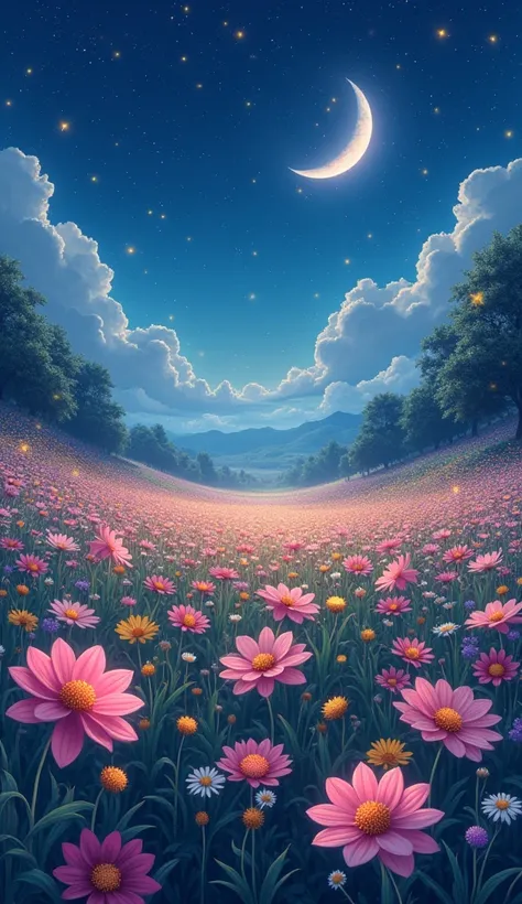 Field of beautiful flowers on a night with some fireflies 