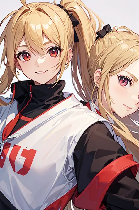 (first work, Better Quality: 1.2),1 girl、Blonde、Ponytail、Ahoge、Red round eyes、smile、smile、From the side、Upper body close-up、Sportswear、Soccer field、Delicate contours、Background Blur, The depth of the drawn border