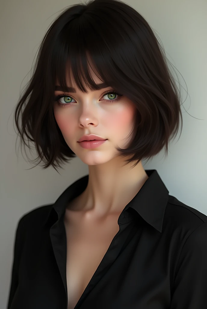 Woman with short straight hair, Which falls softly around the face, with a hair color that can range from a dark brown shade to black. His eyes are intense and expressive green., standing out strikingly against her fair white skin. She is wearing a simple ...