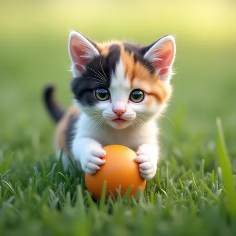 8k。high resolution、Calico cat baby、Soft and fluffy fur、playing with a ball in the grass