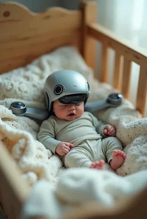 A photography drone inside a crib as if it were a baby crying for attention