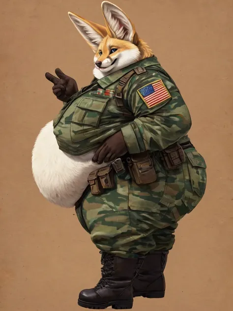 Extremely Obese Fennec Fox with Extremely Massive Overhang Belly, wears military commander outfit, wears boots, smiles at the viewer, side view