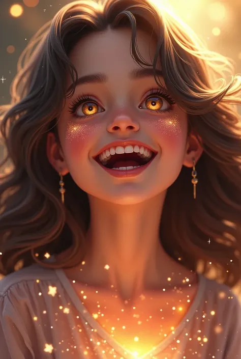 One girl, Gaze, smile, Very long hair, Sparkle Effect, High detail, Textured skin, Medium Hair, Smiling with teeth showing, happiness/joy, Sparkling eyes, Multiview, Sparkle Effect, Backlight, anime, Artistic, 