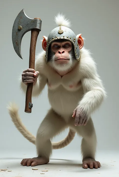 An ultra realistic white fur monkey holding an axe with a helmet Detailed photo realism 