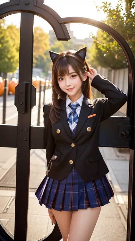 Product quality,1 person,Low Angle,Young and cute Japan,Daytime, ((School gate:1.2)),A schoolgirl in uniform wears a cute cat costume,blazer, Super short,Plaid,Blue Micro Mini Skirt,Very cute face,Glossy Lips,Beautiful big eyes,Brown eyes,Double eyelids on...