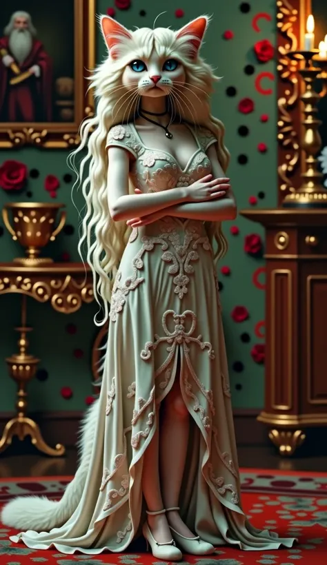 8k, fine detail, (ultra detailed), a beautiful and detailed life-size portrait of a female anthropomorphic Persian cat, ((slender human body, white skin)), blue eyes, long blonde hair, tail, she wears a long floral dress and a ((high heel shoe)), High Dyna...