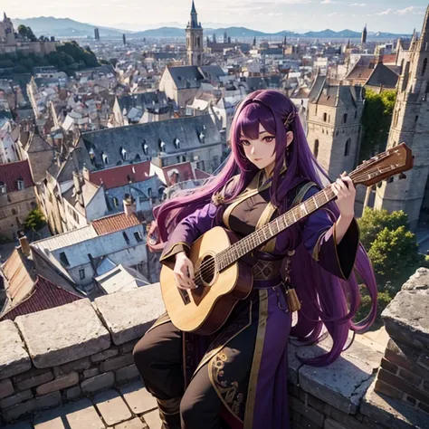 4K, high resolution, female human, Bard, Long purple hair, Asian features, Alaud, medieval city in the background.