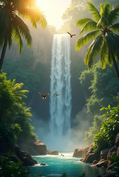 a waterfall with sunlight illuminating it, Birds flying, Tropical trees 