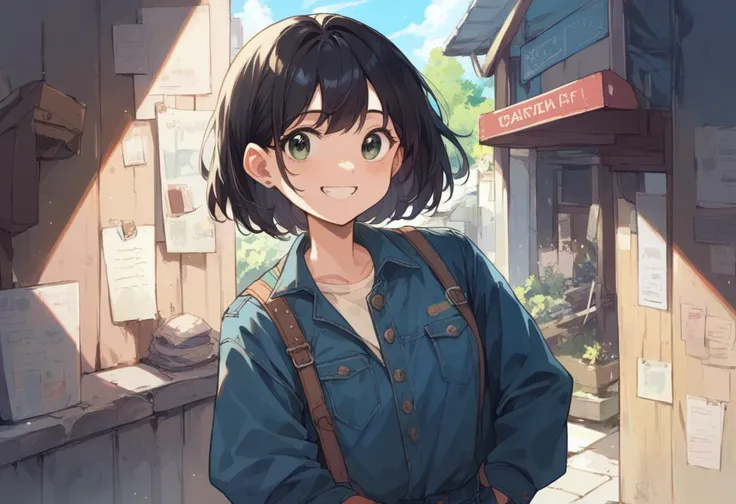 Black Hair Girl、Denim jumpsuit、Bright smile、Carpenter&#39;s workroom、There are lots of carpentry tools、Planing wood with a plane、Drills and saws、Lots of canna shavings