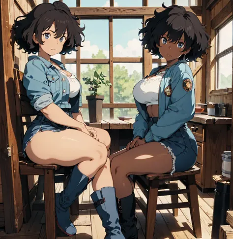 2 female, afro hair, black afro hair black girl afro hair, darker skin, brown skin, huge breast, thick legs, light blue eyes, cowgirl clothes, short short, cowgirl bra, brown jacket, black boots, farm house, sitting down, in the chair, thick ass, butt butt