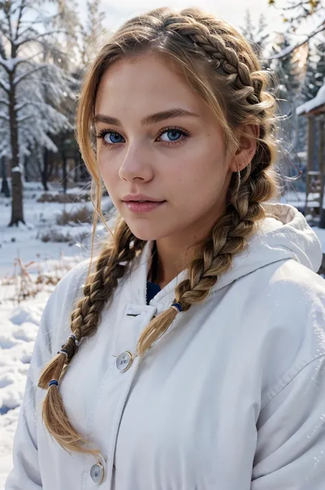 Camera focus on Beautiful girl, with beautiful eyes, blonde and braided hair, wearing a white warm jacket, in the background a snowy landscape, natural lighting, ultra realistic, full hd