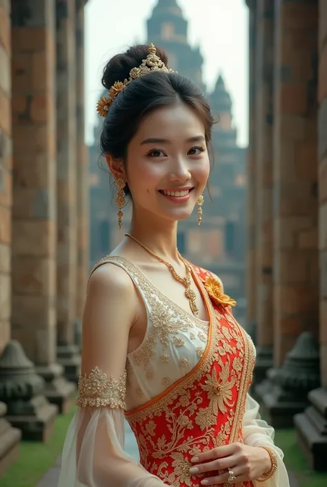 A sweetly smiling Thai woman wearing an ancient Thai dress from the Ayutthaya period, with an ancient site from the Ayutthaya period as the backdrop.