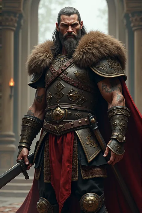 Create a male Viking character guardian of Valhalla, He will be mysterious and with Loki&#39;s trickster ways he will be the funny one of the group I want him to be covered in blood. Beautiful