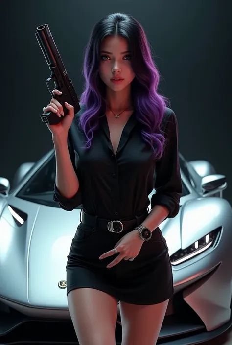 Beautiful white-skinned woman with long black and purple hair,wearing a black shirt,wearing a short skirt, holding a gun in hand looking forward. Standing in front of the silver Rose Noire Droptail car 