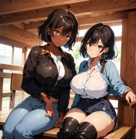 2 female, afro hair, black afro hair black girl afro hair, darker skin, brown skin, huge breast, thick legs, light blue eyes, cowgirl clothes, short short, cowgirl bra, brown jacket, black boots, farm house, sitting down, in the chair, thick ass, butt butt...