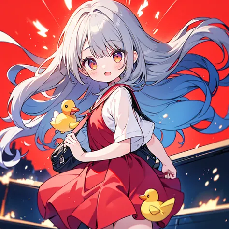 1girl,Little、cute、Primary school students、Red short-sleeved dress、Gray Hair、Red School Bag、Skipping、Facing sideways towards the audience、Yellow simple background、Hair blown back by strong wind、Rubber duck toy、