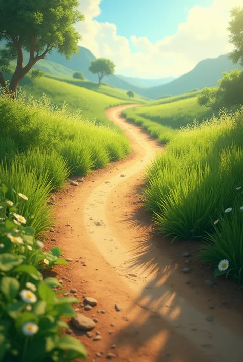 A brown dirt road with grass edges leading to a distant place