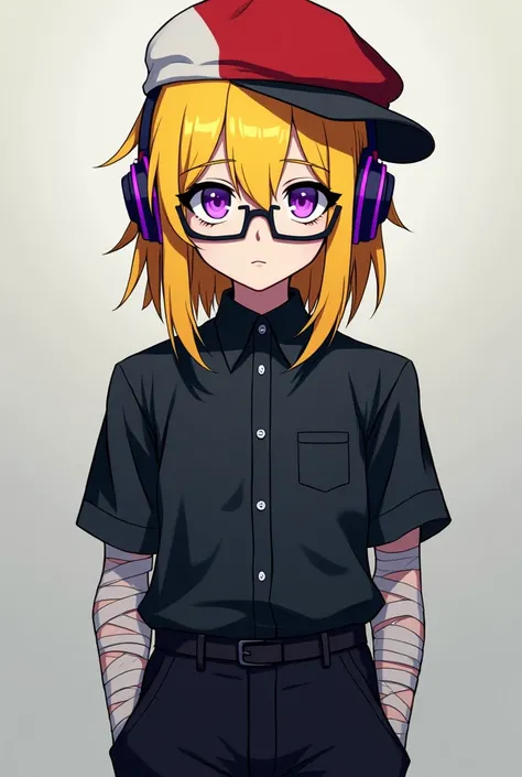 Male anime boy with yellow blonde hair, emo clothes with bandages, glasses, with red and white hat, purple headphones, Black pants