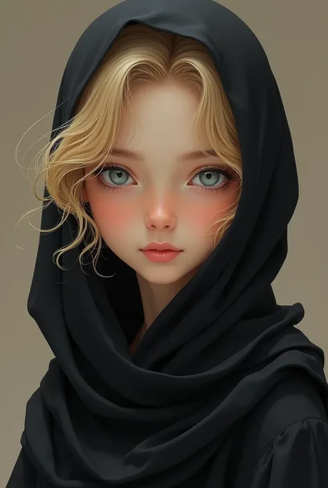 (masterpiece, Best Quality, High resolution: 1.4) Dibujo jovencito androgino wavy hair rubio, delgado, wavy hair, light blue-gray eyes, smooth skin, White skin, delgado, smiling, gentle. delicate. Dressed in a black tunic and black trousers and covering hi...