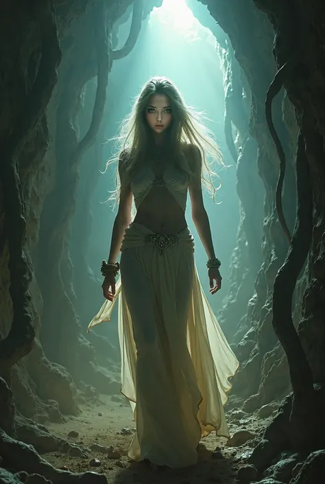 A stunningly beautiful nymph goddess in outdoor outfit climbing the wall of  catacomb on archaeological adventure, front view above head angle shot, surrounded by a mysterious fog and dust, amidst a surreal, black shadoes slithering surround, as a burst of...