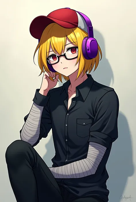 Male anime boy with yellow blonde hair, emo clothes with bandages, glasses, with red and white hat, purple headphones, Black pants