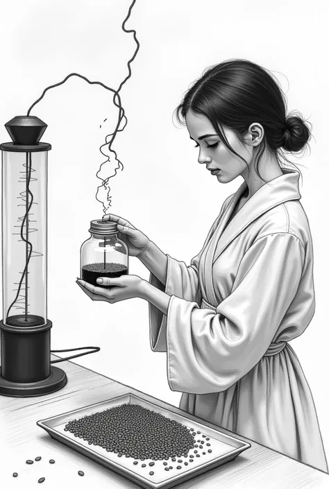 Black and white drawing of a girl with her hair tied up wearing a white robe, connecting the van de graff generator, waiting for it to generate electricity while the oil and seeds are on a tray. When the containers are connected, the seeds move, forming el...