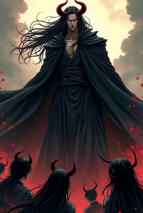 Make a murim manhwa character, with long black hair,has horns, he has red eyes, wears a black cloak, He is surrounded by subordinates, he is man. I don&#39;t want a realistic character just from murim manhwa.