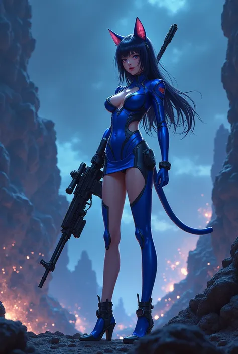 Please draw a cat girl soldier in anime style with a tall figure, large breasts, and a mini skirt like a model.。A sniper with a rifle。Please draw the background as a night battlefield from another world.。Wearing a blue battle suit。Please draw the face in K...