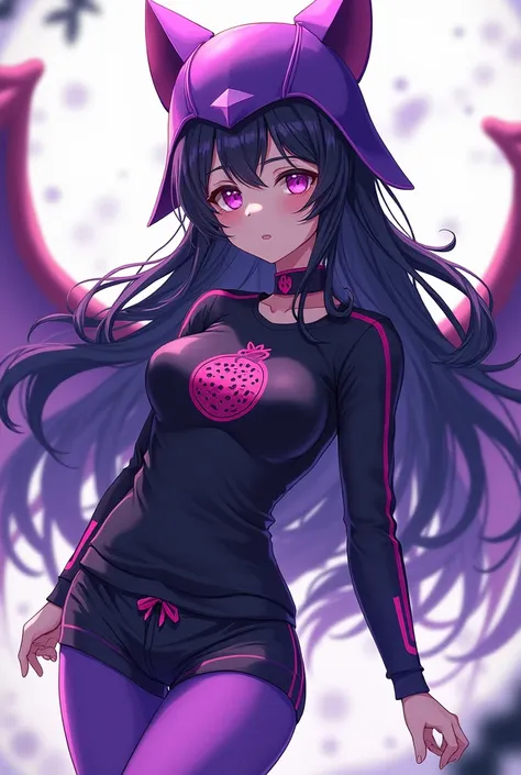 anime girl image, with white skin, black hair, of collections, hair with waves at the ends, violet colored valkyrie helmet, black top with cookie logo, short short, long violet tights.