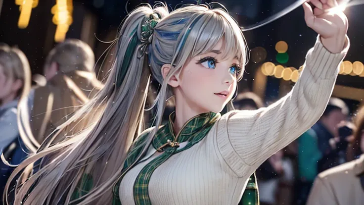 masterpiece, best quality, highres, 8k, (photorealistic:1.3), (Greige hair:1.2), (highlights:1.1), (blue streaks:1.3), (no pink streaks:1.5), braided bangs, high ponytail, turquoise blue eyes, (dancing joyfully amidst a crowd, immersed in the festive atmos...