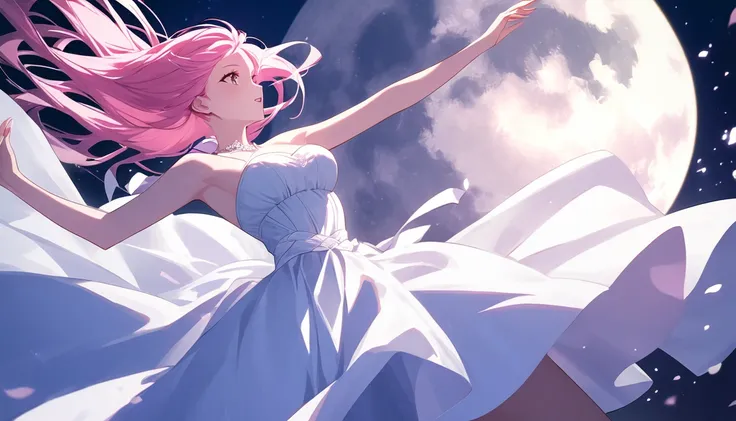 Highest quality,Full moon night,dance,A woman with pink hair,White Dress,ephemeral