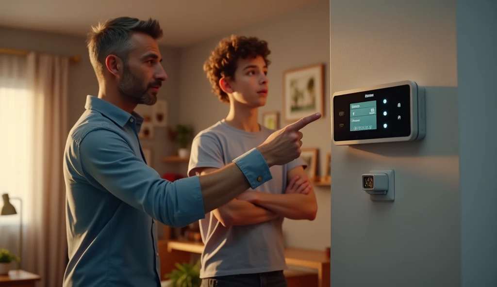 father teaching son about home security, showing an alarm on the wall